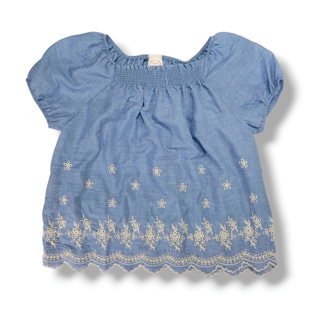 Heart And Arrow‎ Girls Eyelet Floral Embroidered Puff Sleeve Top Blue 14